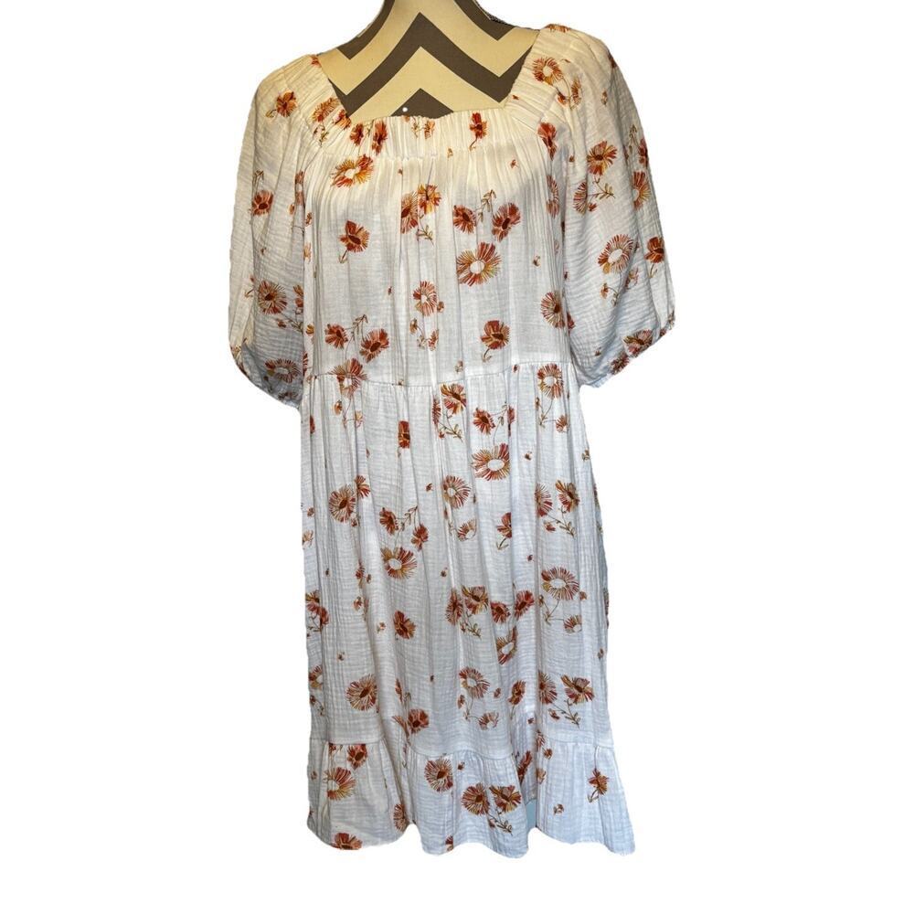 Wonderly Womens Boho Floral Tiered Gauzy Medium White Brown Dress Puff Sleeve